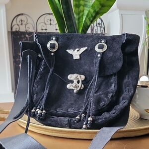 Black Suede Designer Handbag with Silver Accents